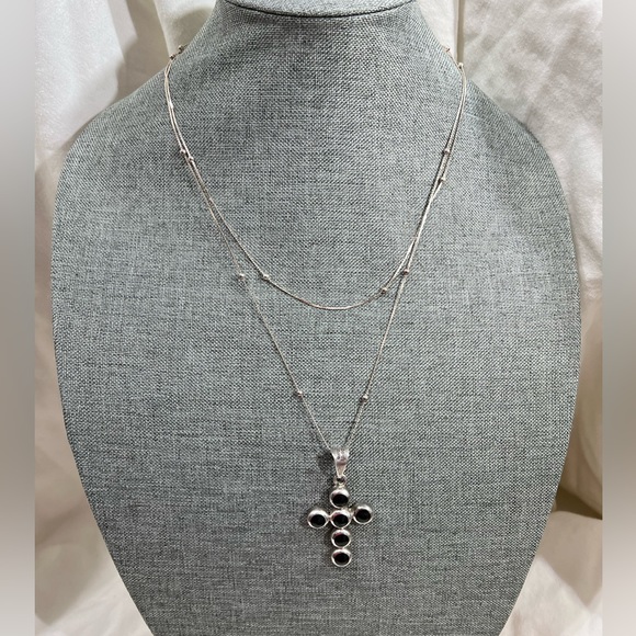 Onyx And 925 Sterling Silver. Set of 2 Chain Plus Onyx Pendant Sz 24” & 18” Inch - Picture 2 of 6